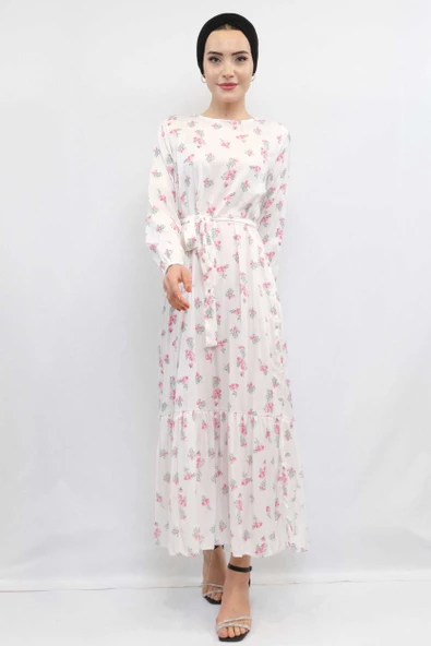 Moda Çizgi Çiçek Desenli Elbise Ekru