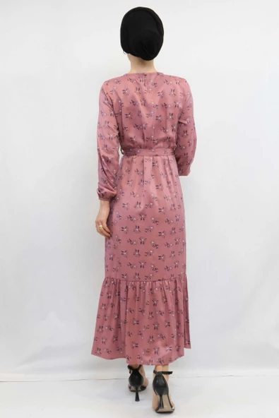 Moda Çizgi Çiçek Desenli Elbise - 4