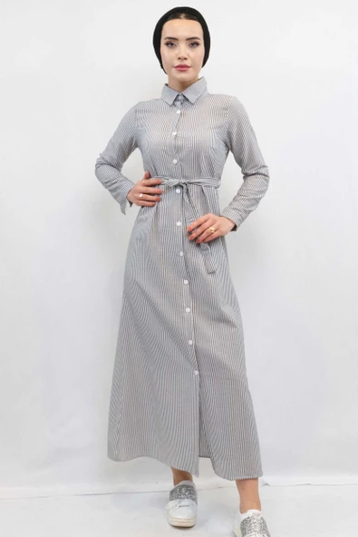 Moda Çizgi Gofre Elbise Gri - 3