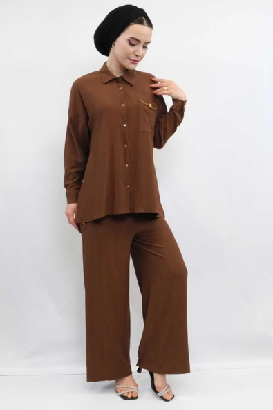 Moda Çizgi Zincir Aksesuarlı İkili Takım  Kahve - 3