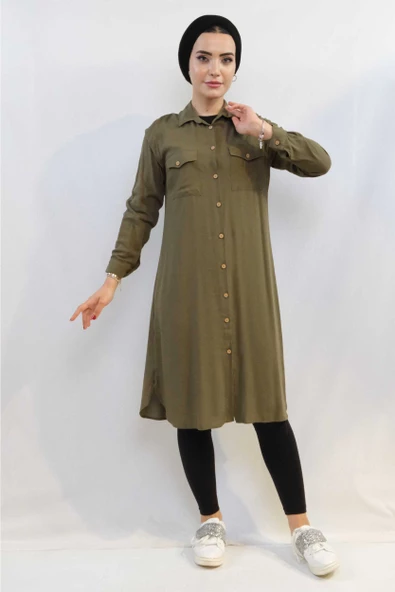 Moda Çizgi Tunik Gömlek Haki - 3