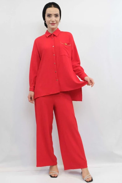 Moda Çizgi Zincir Aksesuarlı İkili Takım  Kırmızı - 3