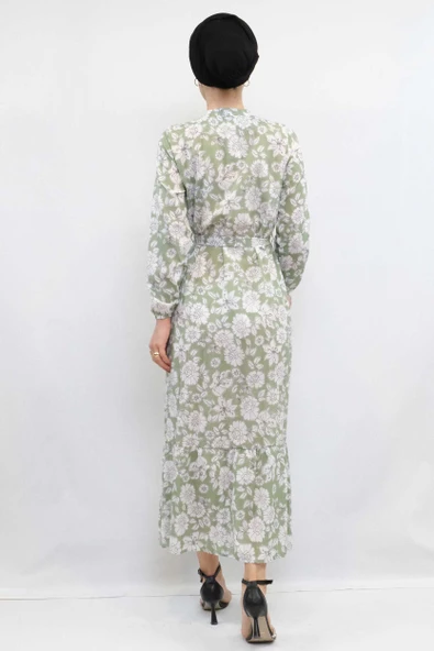 Moda Çizgi Çiçek Desenli  Pileli Elbise Mint - 2