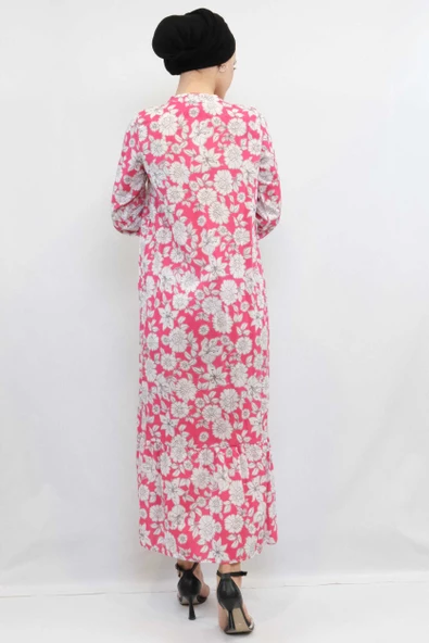 Moda Çizgi Çiçek Desenli  Pileli Elbise Fuşya - 4