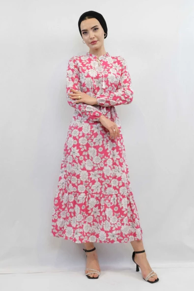 Moda Çizgi Çiçek Desenli  Pileli Elbise Fuşya - 2