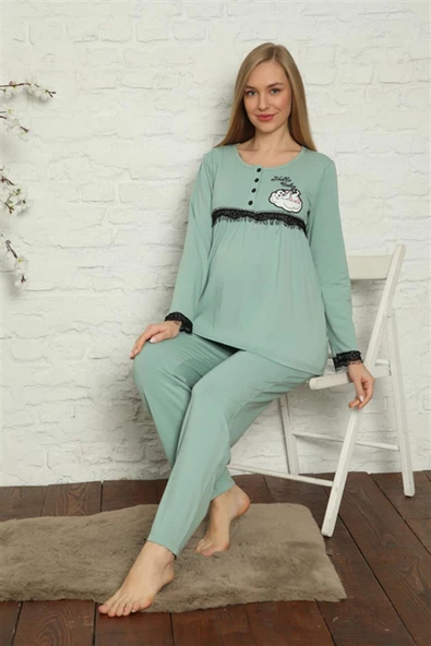 Moda Çizgi Kadın Hamile Lohusa Su Yeşili  Pijama Takımı 45201 - 4