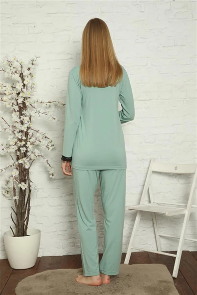 Moda Çizgi Kadın Hamile Lohusa Su Yeşili  Pijama Takımı 45201 - 5