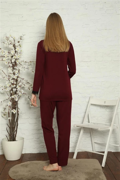 Moda Çizgi Kadın Hamile Lohusa Bordo Pijama Takımı 45201 - 5