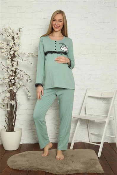 Moda Çizgi Kadın Hamile Lohusa Su Yeşili  Pijama Takımı 45201 - 3