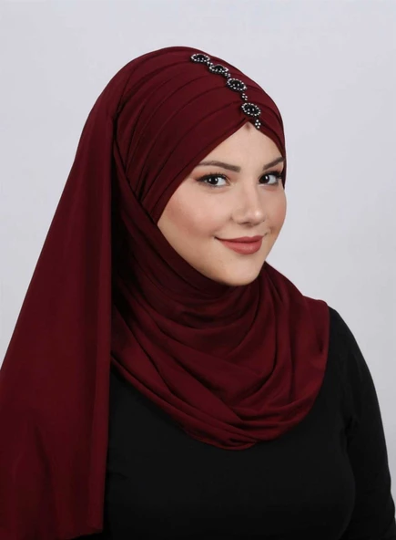 Pileli Taşlı Şal  Bordo
