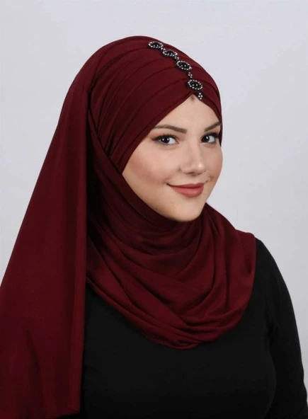 Pileli Taşlı Şal  Bordo - 2