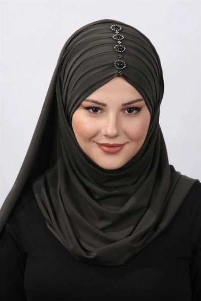 Pileli Taşlı Şal  Haki - 2