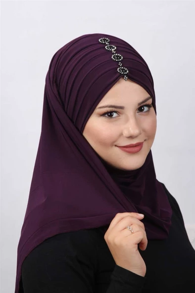 Pileli Taşlı Şal  Mürdüm