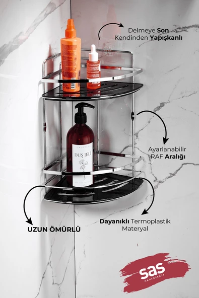 Yapışkanlı Ömür Boyu Paslanmaz Kristal Ayarlanabilir Raf Banyo Düzenleyici Şampuanlık LK-02 KS - Resim 2