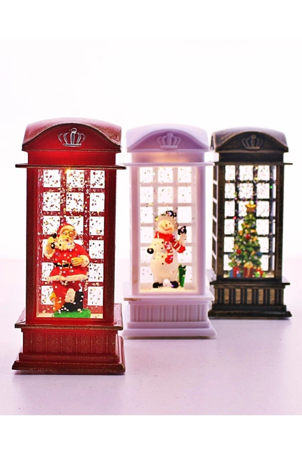 Dekoratif 3 Adet Yeni Yıl Hediyesi led Işıklı Sulu Simli Ingiliz Telefon Kulübesi Içinde Noel Temalı