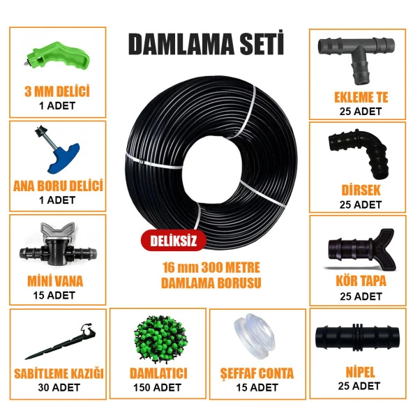 DAMLA SULAMA SETİ DAMLAMA 300 METRE HORTUMU VE EK PARÇALARI BAHÇE AĞAÇ FİDAN SEBZE SULAMA EKİPMANLARI DAMLAMA BORUSU SİSTEMİ