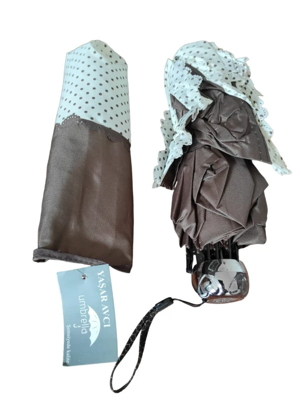 Puantiye Detaylı Kadın Şemsiye Kahve - 5