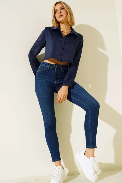 Saten Kısa Gömlek Lacivert - 2