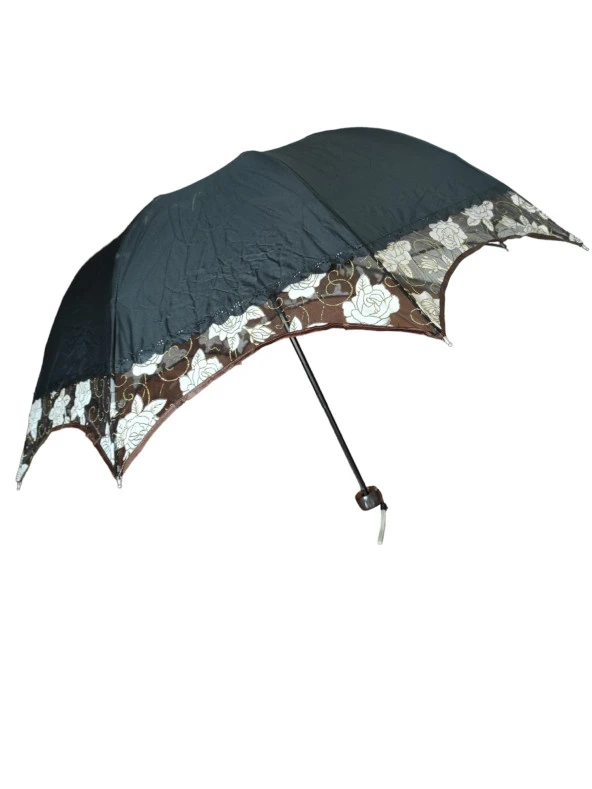 Simli Gül Işlemeli Kadın Şemsiye Siyah - 2