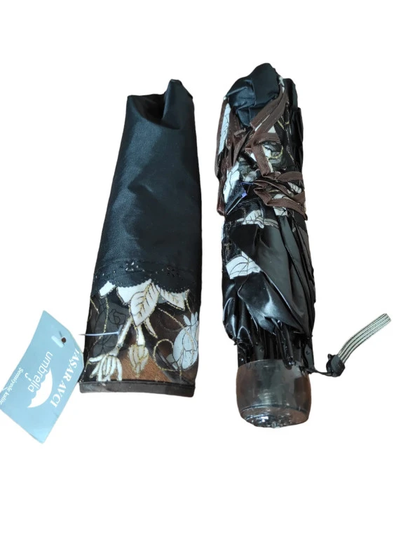 Simli Gül Işlemeli Kadın Şemsiye Siyah - 4