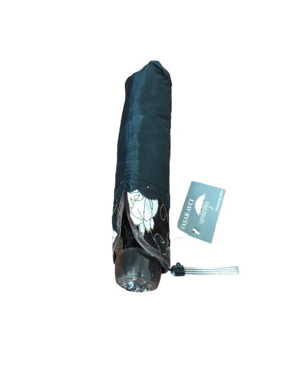 Simli Gül Işlemeli Kadın Şemsiye Siyah - 5