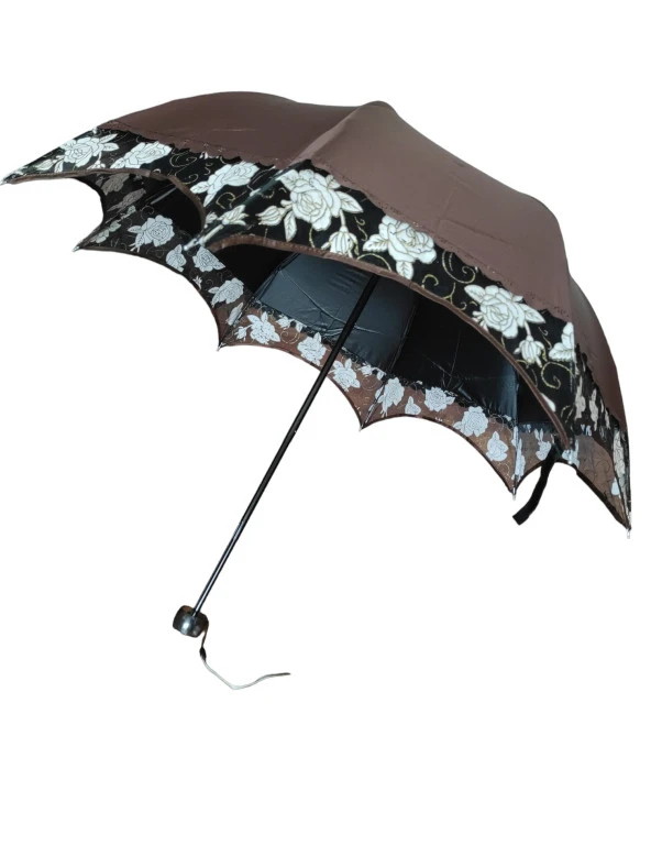Simli Gül Işlemeli Kadın Şemsiye Katlanabilir Kahve