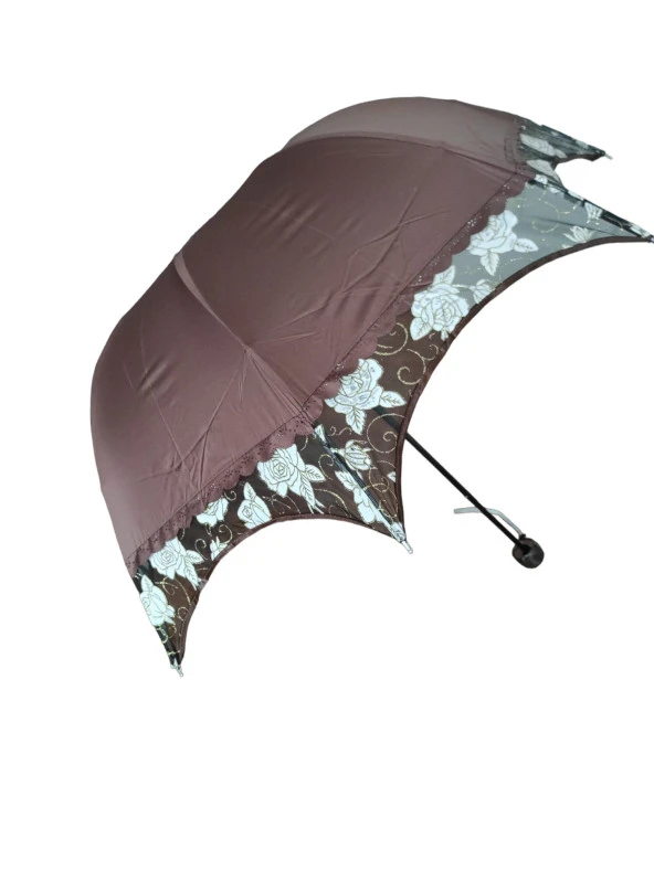 Simli Gül Işlemeli Kadın Şemsiye Katlanabilir Kahve - 2