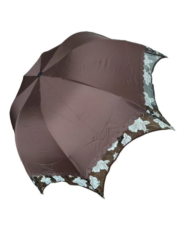 Simli Gül Işlemeli Kadın Şemsiye Katlanabilir Kahve - 3