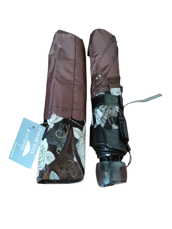 Simli Gül Işlemeli Kadın Şemsiye Katlanabilir Kahve - 4