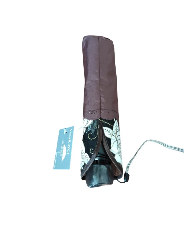 Simli Gül Işlemeli Kadın Şemsiye Katlanabilir Kahve - 5