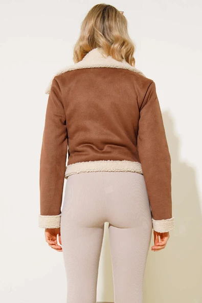 Fermuarlı Kürklü Süet Mont Taba - Resim 3