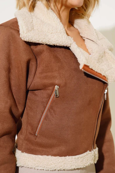 Fermuarlı Kürklü Süet Mont Taba - Resim 4