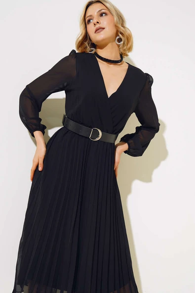 Kemerli Pileli Şifon Elbise Siyah - Resim 2