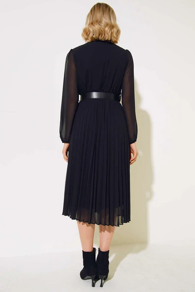 Kemerli Pileli Şifon Elbise Siyah - Resim 3