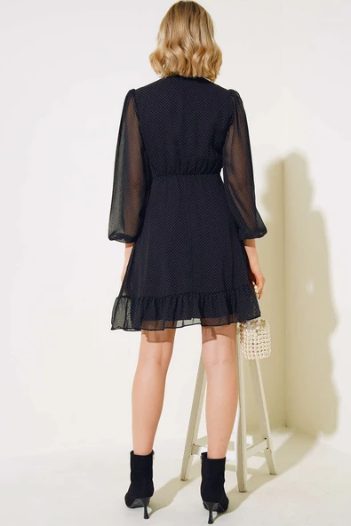 Kruvaze Yaka Şifon Elbise Siyah - Resim 3