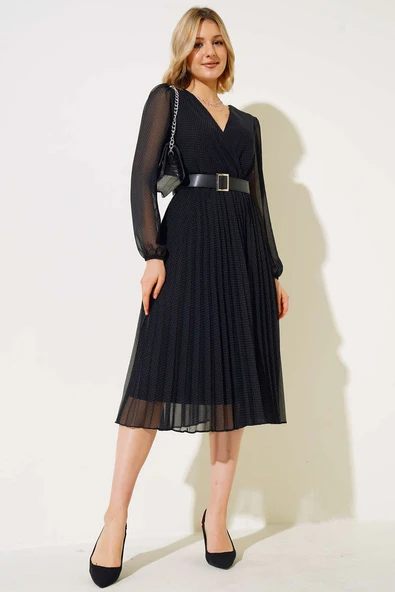 Puantiyeli Şifon Elbise Siyah ürün görseli 1