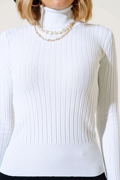 Fitilli Tam Balıkçı Yaka Triko Kazak Ekru - Resim 4