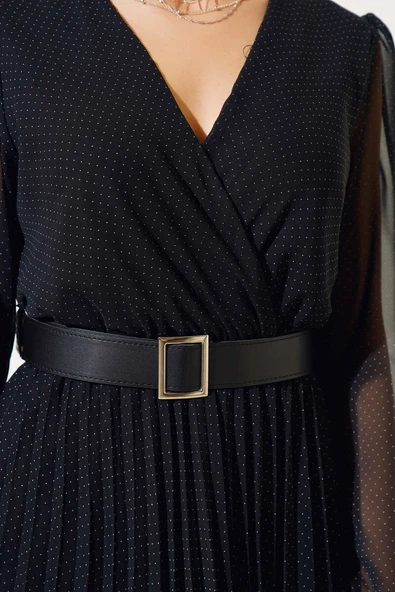 Puantiyeli Şifon Elbise Siyah - Resim 4