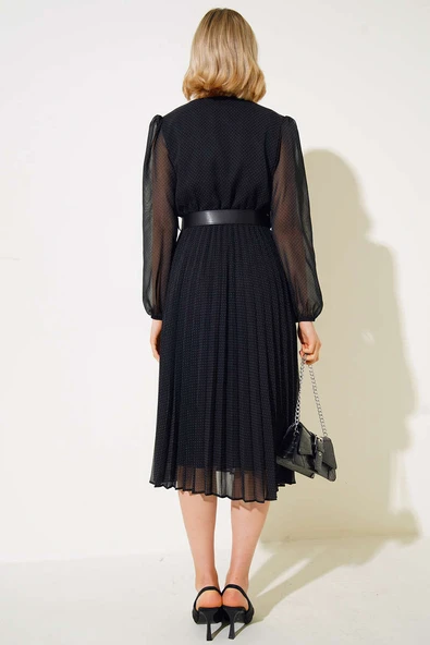 Puantiyeli Şifon Elbise Siyah - Resim 3