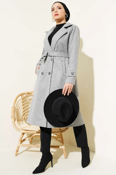 Kruvaze Yaka İki Düğmeli Kaşe Kaban Gri - Resim 2