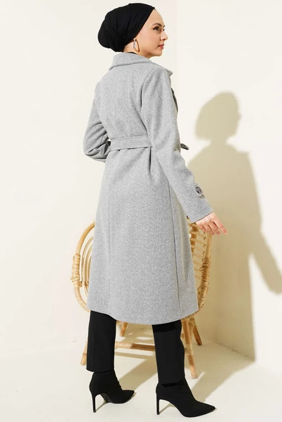 Kruvaze Yaka İki Düğmeli Kaşe Kaban Gri - Resim 3