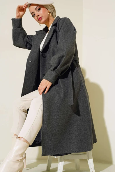 Balon Kollu Uzun Model Antrasit Kaşe Kaban ürün görseli 1