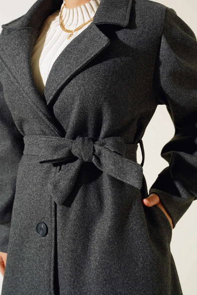 Balon Kollu Uzun Model Antrasit Kaşe Kaban - Resim 4