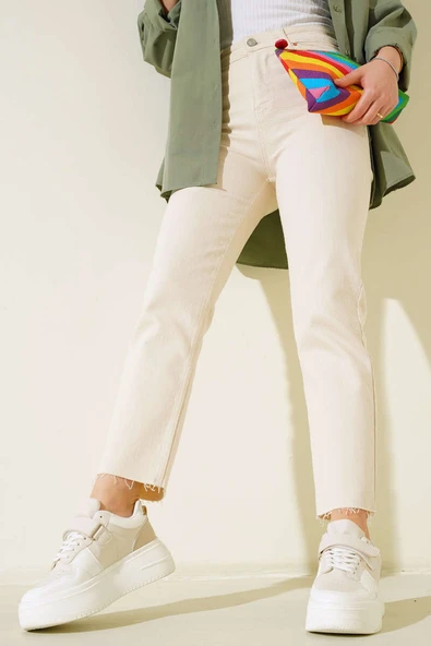 Yüksek Bel Boru Paça Kot Pantolon Taş - Resim 1