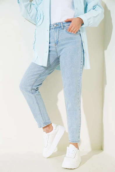 Mom Friend Düz Jean Pantolon Kar Yıkama