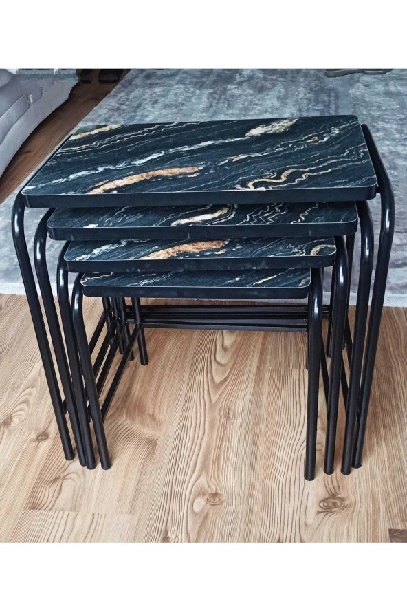 Teknor 3d Parlak Siyah 4lü Zigon Sehpa Takım Metal Statik Ayaklı Üreticiden Garantili - 3