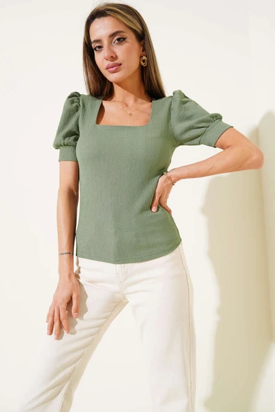 Kare Yaka Bluz Çağla Yeşil - Resim 2