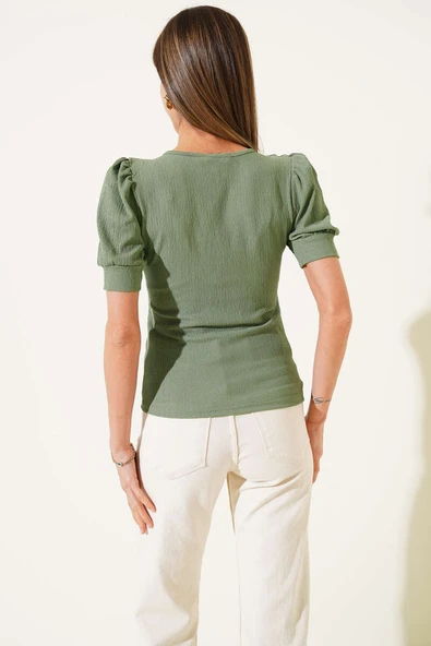 Kare Yaka Bluz Çağla Yeşil - Resim 3
