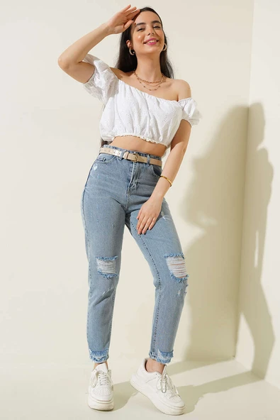 Fistolu Straplez Crop Ekru - Resim 2