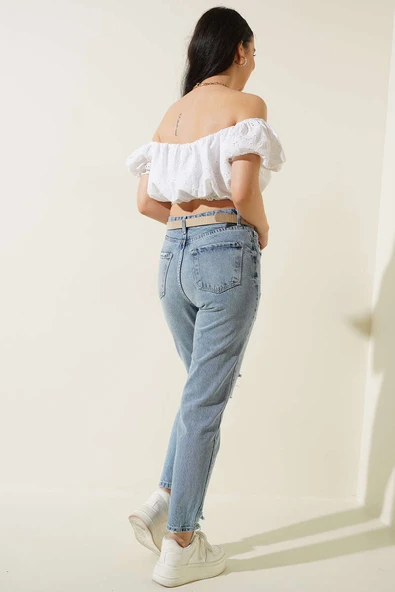 Fistolu Straplez Crop Ekru - Resim 3